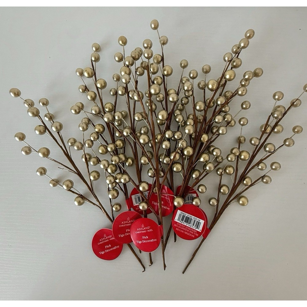 Ashland Christmas Shiny Gold Berry Pick Lot Holiday Floral Stems Tree Decor 8 Pc